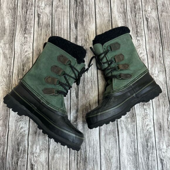 Sorel Women's Alpine Caribou Mid Calf Vintage Snow Boots Green Black 6 Made Warm - Picture 3 of 11